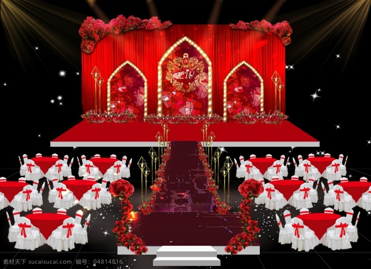 红色 新 中式 婚礼 效果图 大红色婚礼 新中式婚礼 灯带 婚礼仪式区 红色花艺 钻石路引