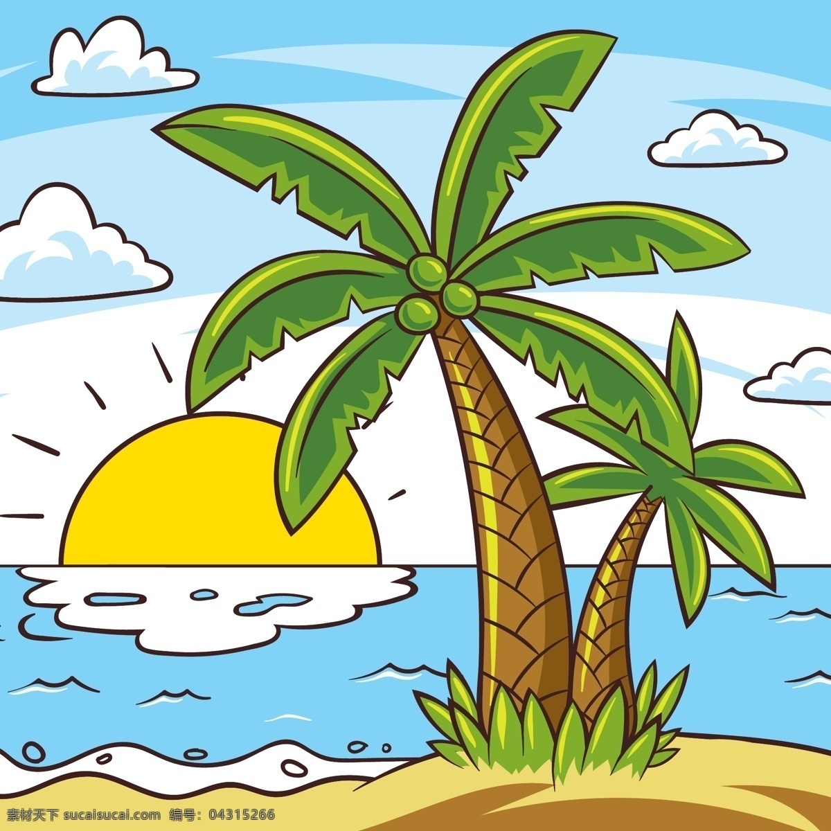 彩绘 棕榈树 大海 风景 矢量 太阳 岛屿 云朵 动漫动画 风景漫画