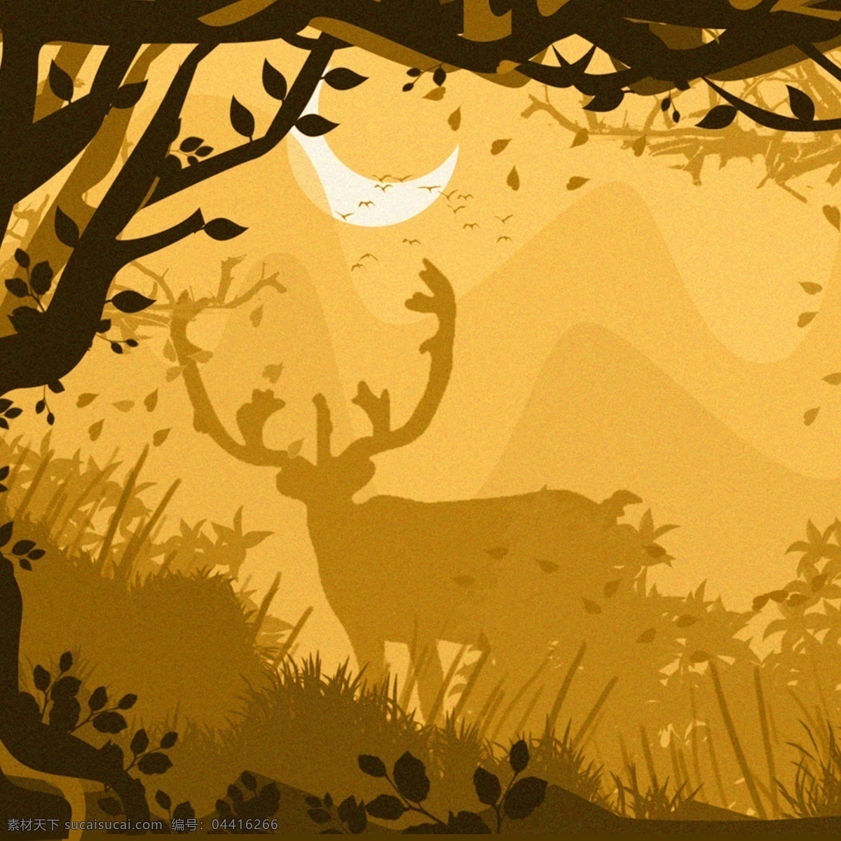 秋季森林与鹿 剪纸 插画 森林 黄昏 简约 鹿
