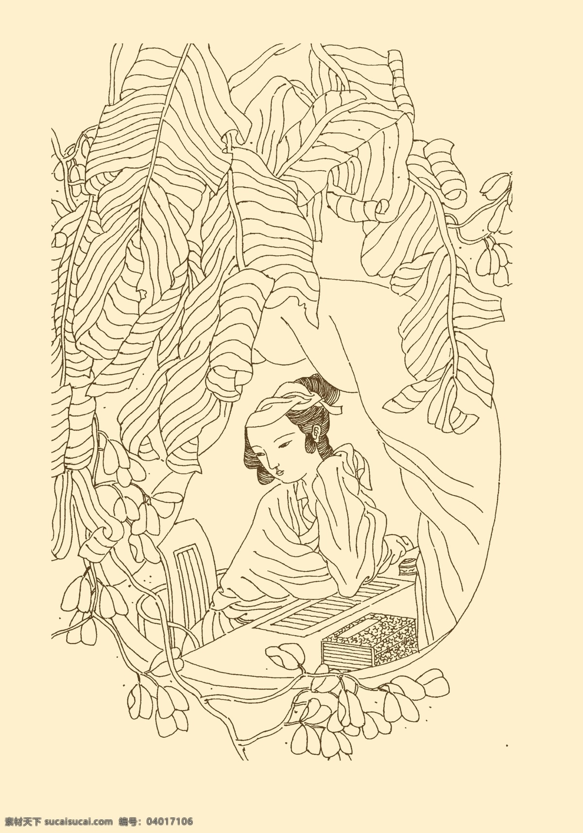 仕女 仕女线描 侍女 白描 线描 国画 中国画 人物 女性 芭蕉 分层 源文件