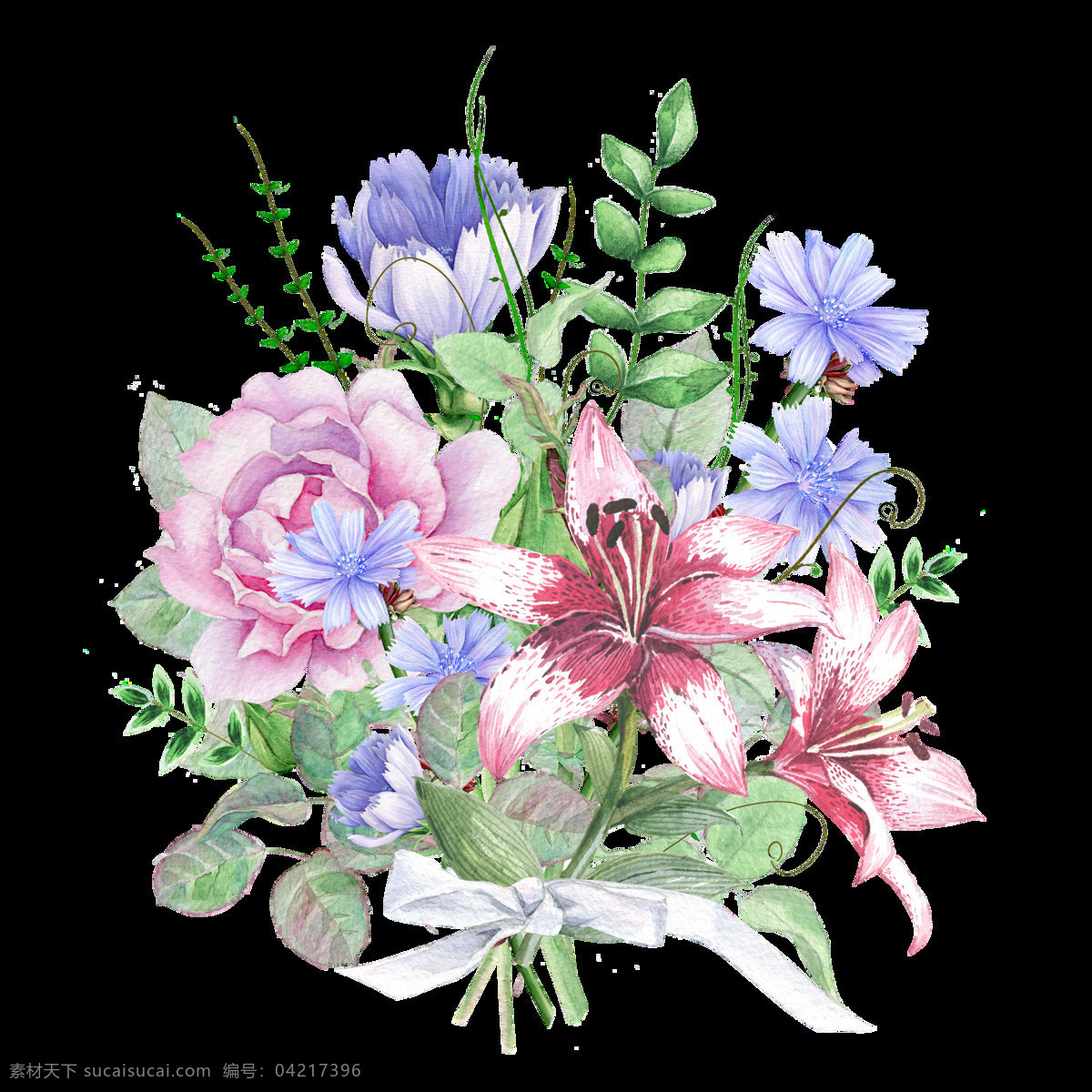 手绘 多种 水彩 花朵 透明 百合花 紫色 粉红色 丝带 送人 摆设 装饰 清香 透明素材 免扣素材 装饰图案