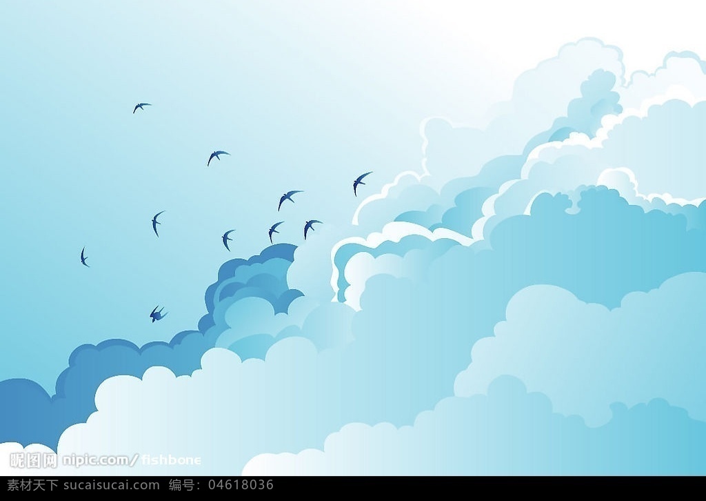 蓝色天空 背景 蓝色 飞鸟 鸟 云 矢量 自然景观 自然风景 矢量图库