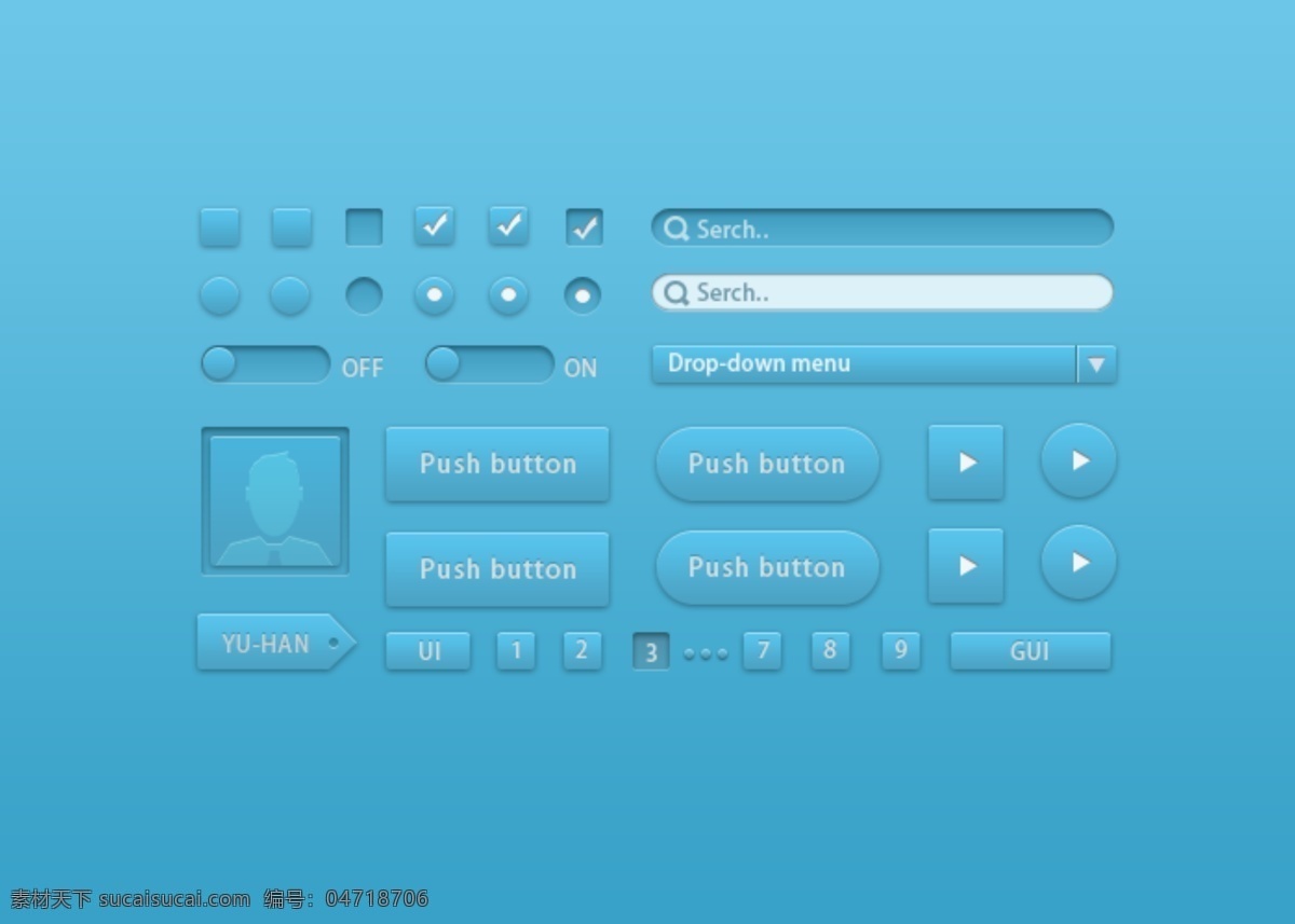 蓝色 质感 ui 工具包 分层 ui界面设计 图标按钮 下拉菜单 质感按钮 搜素框 手机 app app按钮