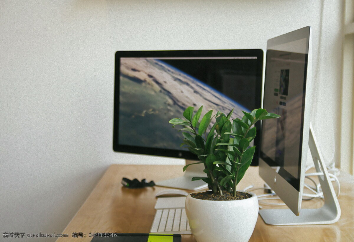 简约 办公室 桌面图片 办公桌 电脑 盆栽 植物 台式电脑