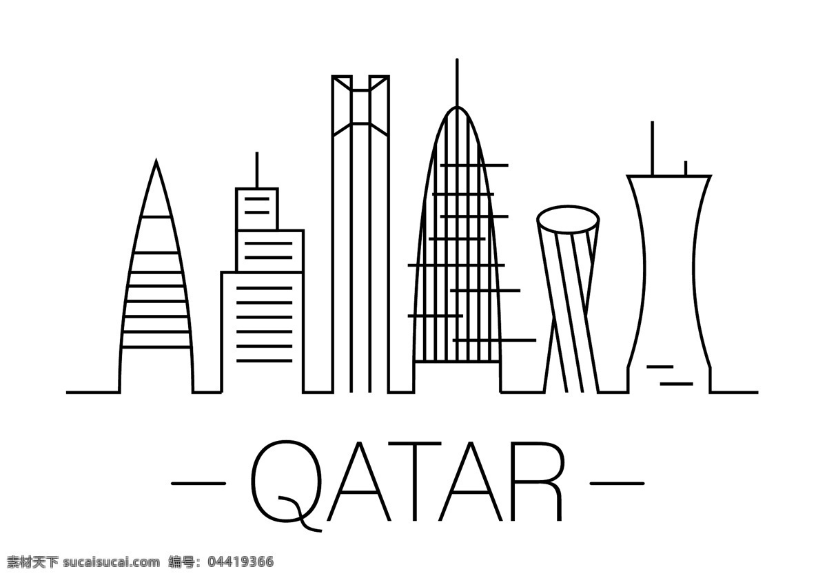 卡塔尔 插画 矢量图 多哈 天际线 说明 城市 建筑 旅游 剪影 国家 景观 象征 商务 塔 东亚洲 风貌 背景 文化 标志 阿拉伯 中间 摩天大厦 公寓 地标 薄 线 轮廓 简单的 最小的 自定义