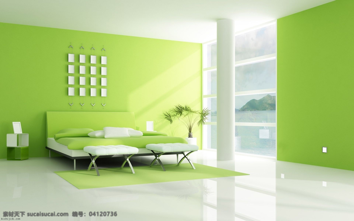室内装饰 green interior bedroom 3d render 绿色 卧室 渲染 装修 效果图 绿色健康 3d设计