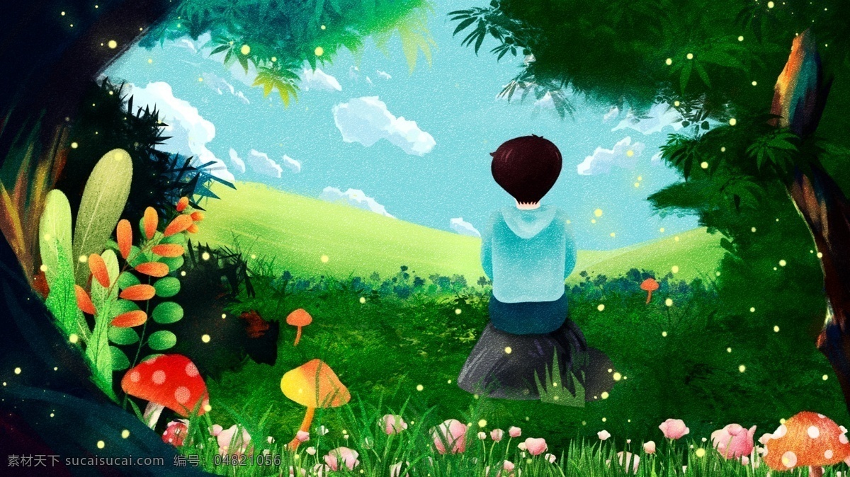 绿色 唯美 卡通 春季 春天 插画 背景 森林 郊外 男孩 原创
