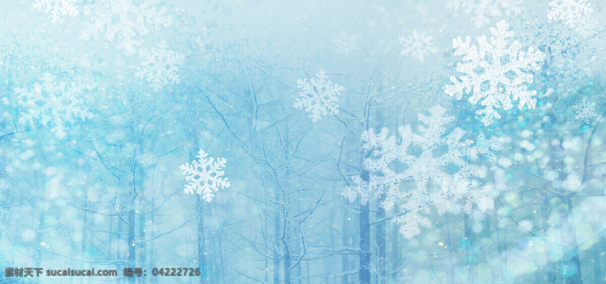 清新 白色 雪花 banner 背景 蓝色大树 白色雪花 冬季