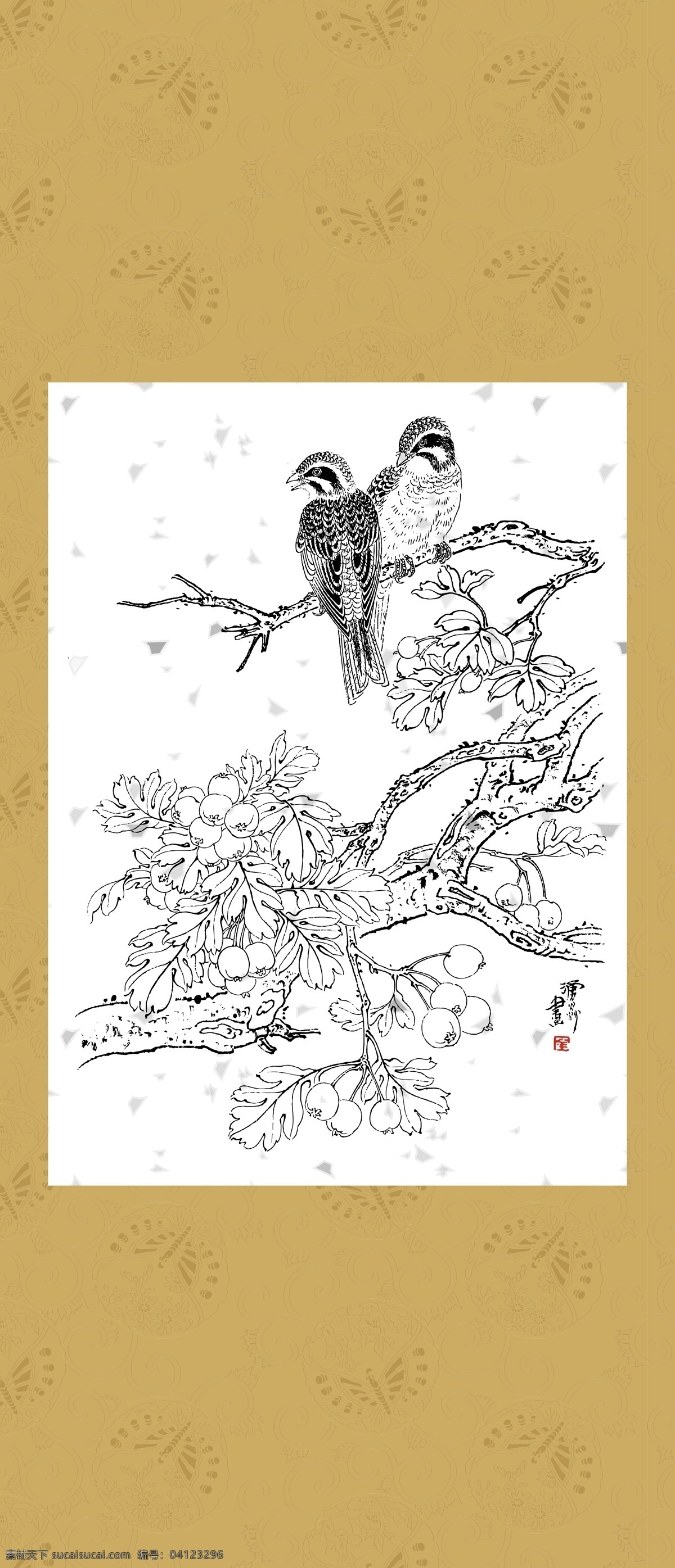 花鸟系列三十 花边 工笔 国画 白描 线描 团花 绘画 古典 传统纹样 花鸟 传统文化 文化艺术 矢量