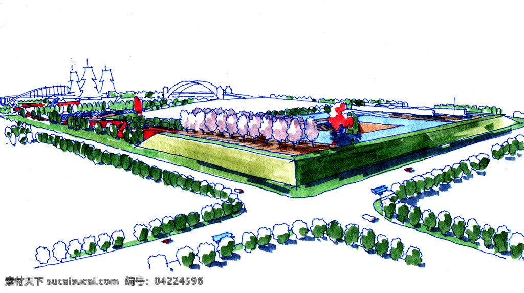 湖北 某市 景观 效果图 三 下沉式博物馆 护墙草坪 行道树 原创设计 其他原创设计