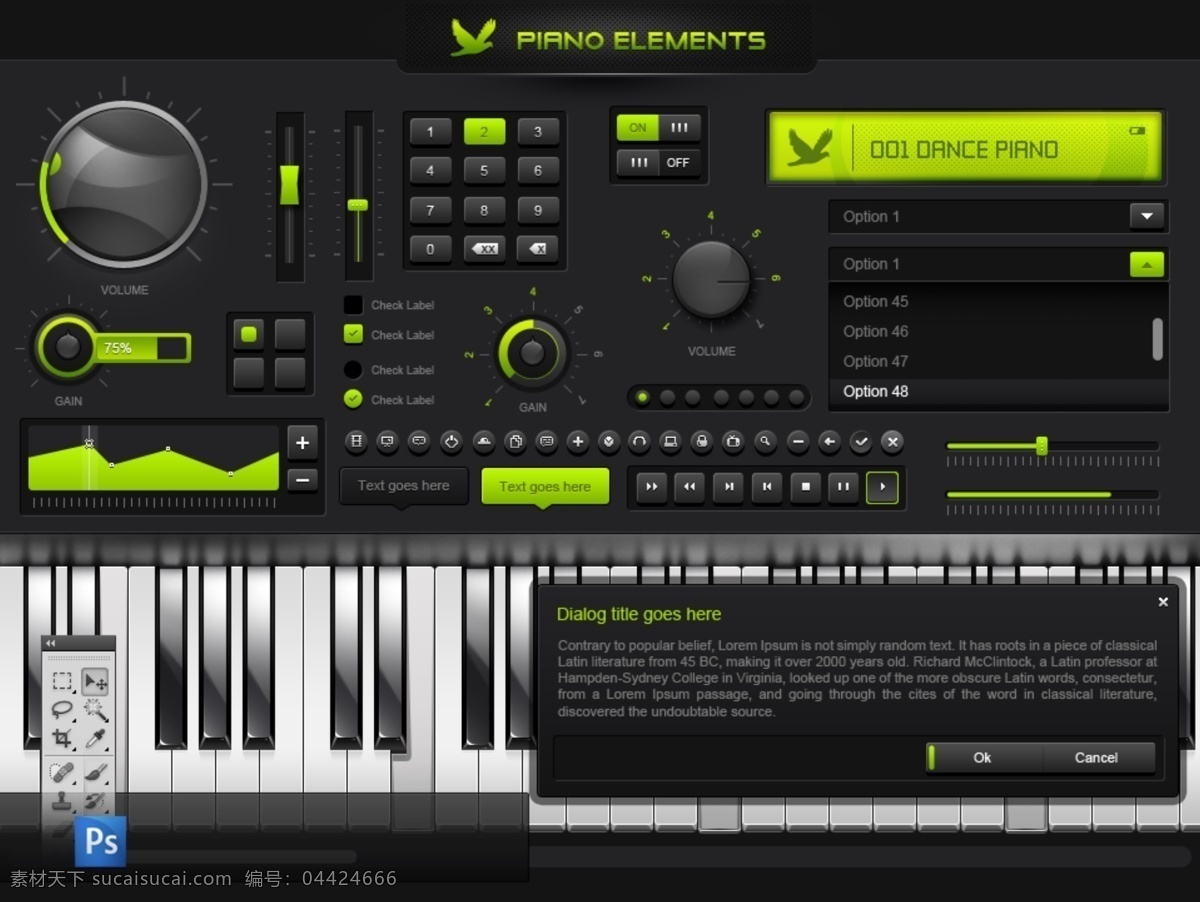 钢琴 音乐 播放器 控件 ui ui设计 播放 电源 金属按钮 列表 欧美模板 网页模板 音量 ui组件 黑色ui 网页组件 用户界面 质感按钮 滑竿 psd源文件