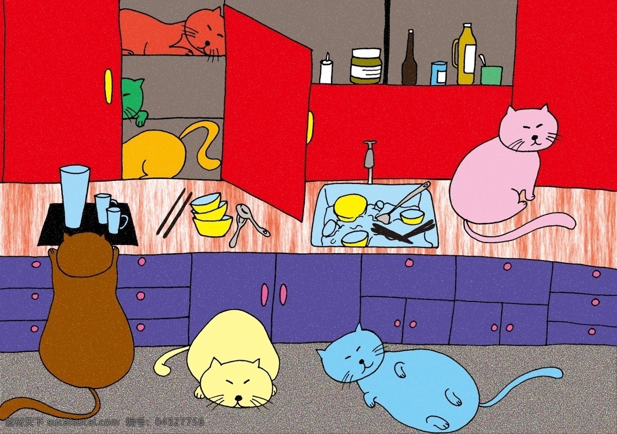 儿童 卡通 彩色 宠物 猫 原创 插画 厨房 背景素材 生活 猫咪海报