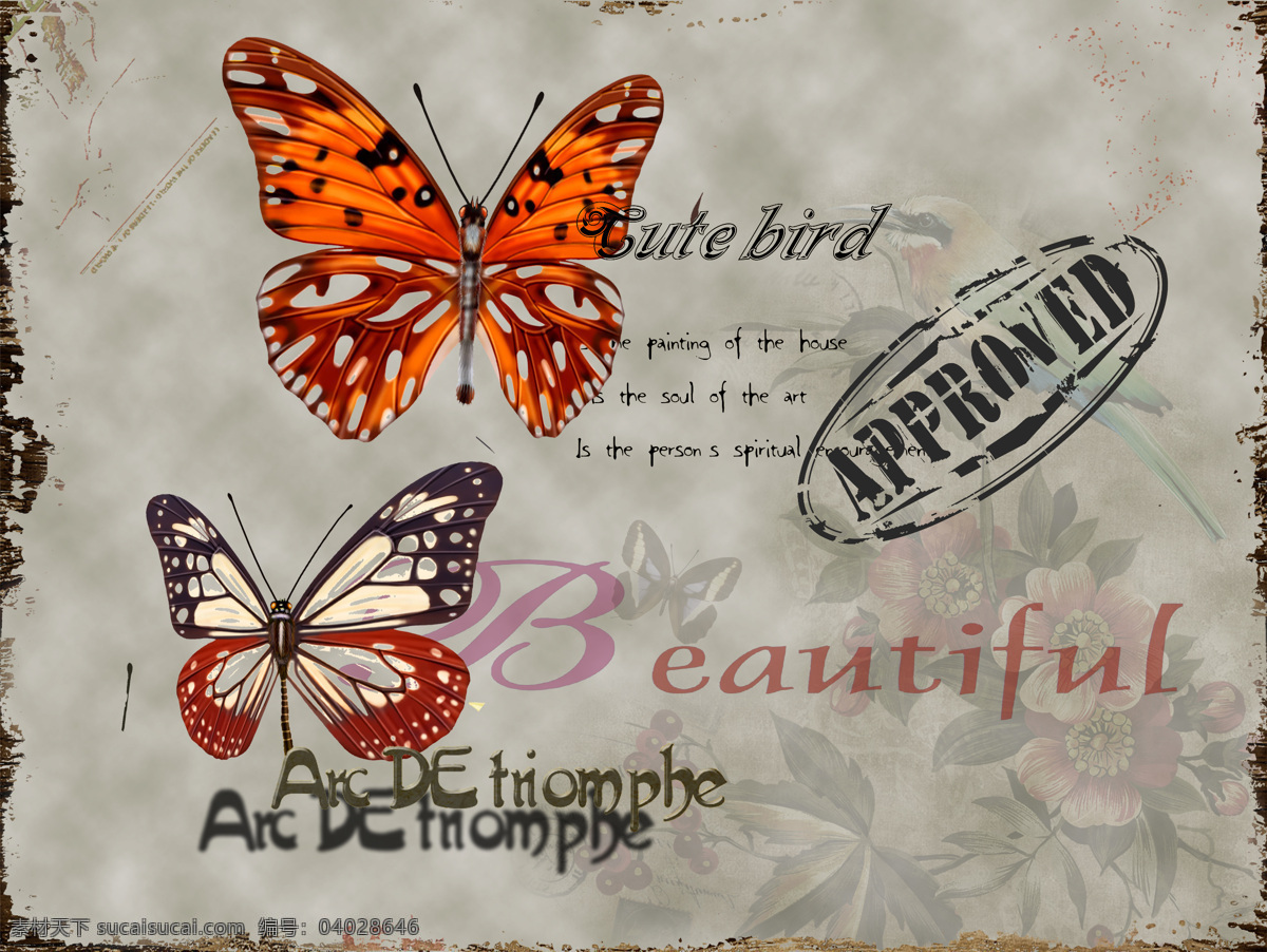 卡纸画 蝴蝶 花朵 怀旧 环境设计 美式 无框画 英文 字母 装饰画