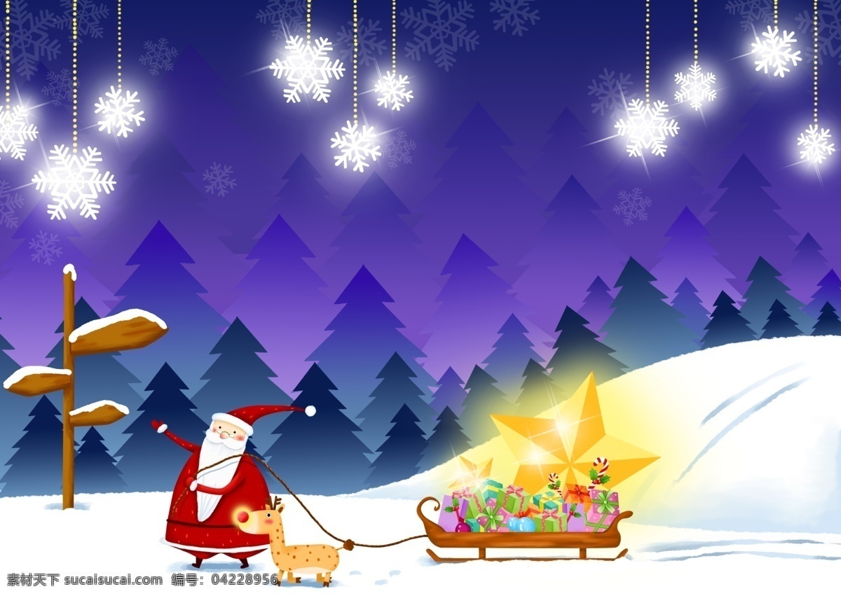 圣诞节插图 圣诞老人 雪地 礼物 卡通 月亮 派送礼物 广告设计模板 源文件