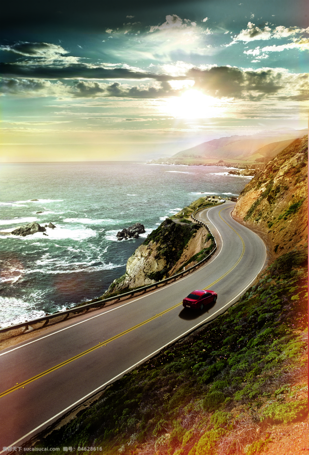 海岸公路图 汽车 公路 海岸 海浪 迈锐宝 大海 烈日 夕阳 云层 自然风景 自然景观