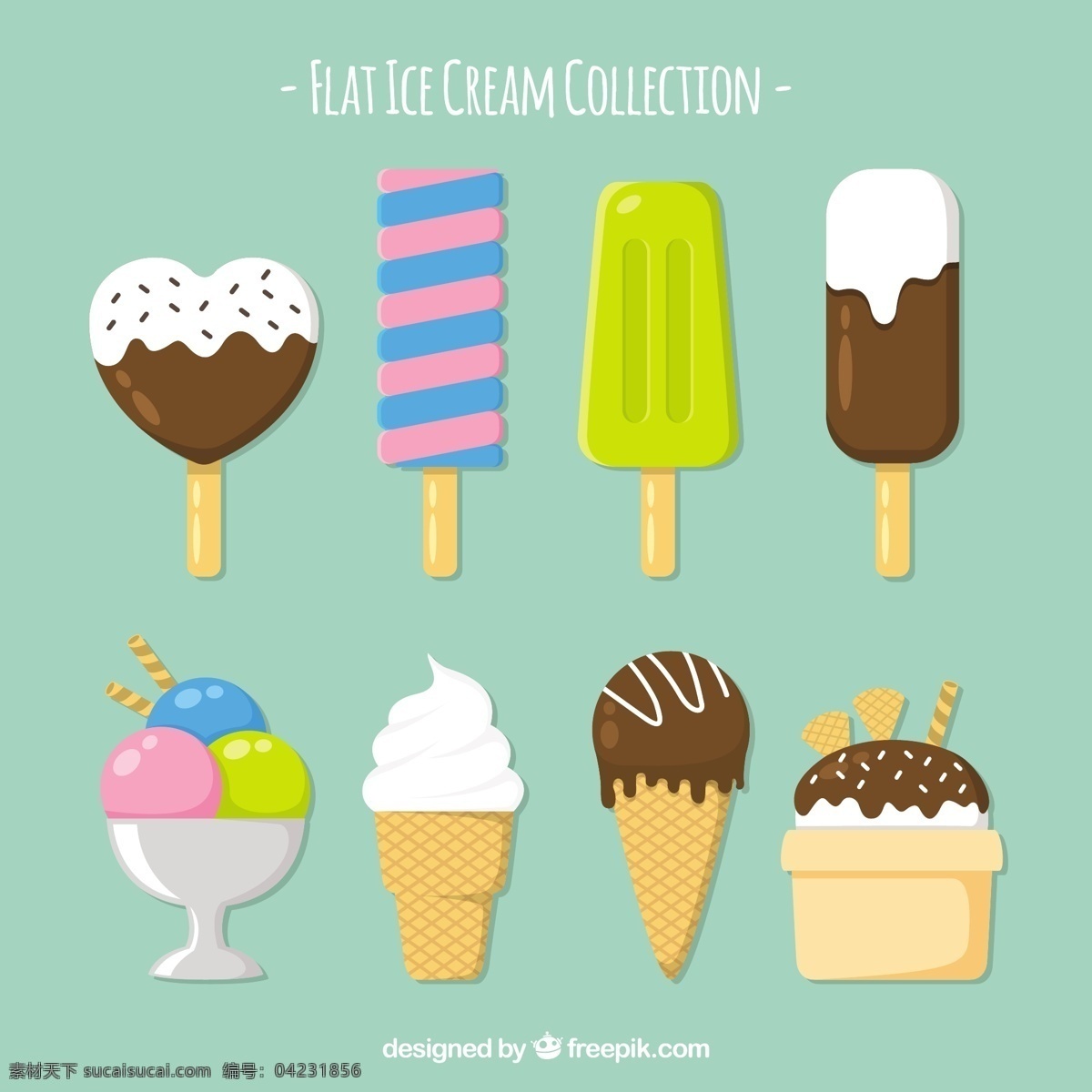 冰淇淋集 采购产品食物 夏天 冰淇淋 颜色 平坦 冰 甜的 平坦的设计 甜点 奶油 吃 季节 锥 收集 美味 味道 有色的 冷却