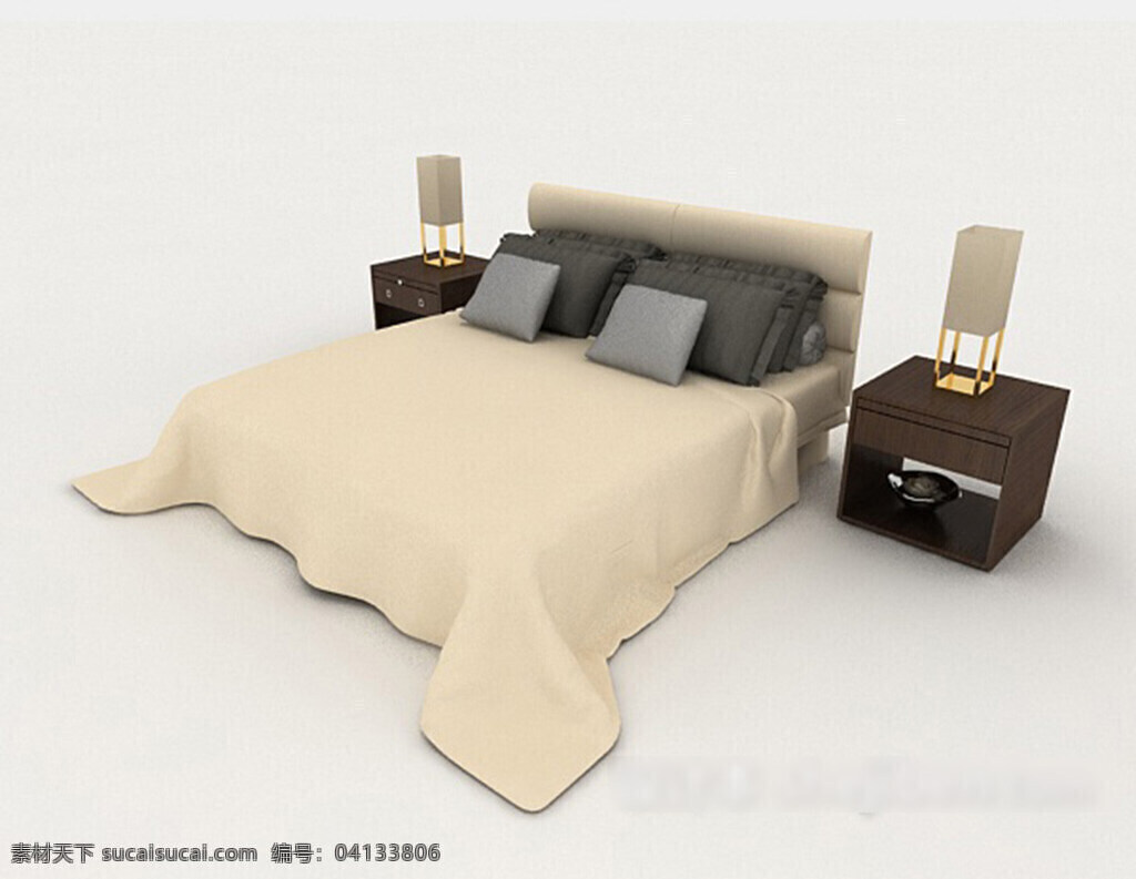 浅色 木质 双人床 3d 模型 3d模型下载 3dmax 中式风格模型 现代风格 白色