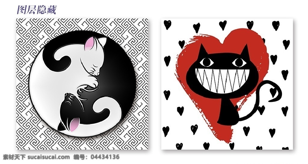 猫猫装饰画 猫猫 装饰画 卡通猫 心形 红心 心形图案 黑白猫 中式底纹 可爱风格 吸猫 文化艺术