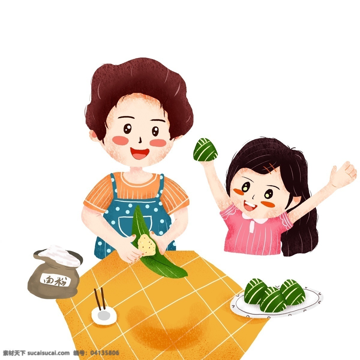 清新 可爱 包 粽子 母女 俩 端午节 手绘 插画 人物 女孩 母亲 母女俩 包粽子 场景设计