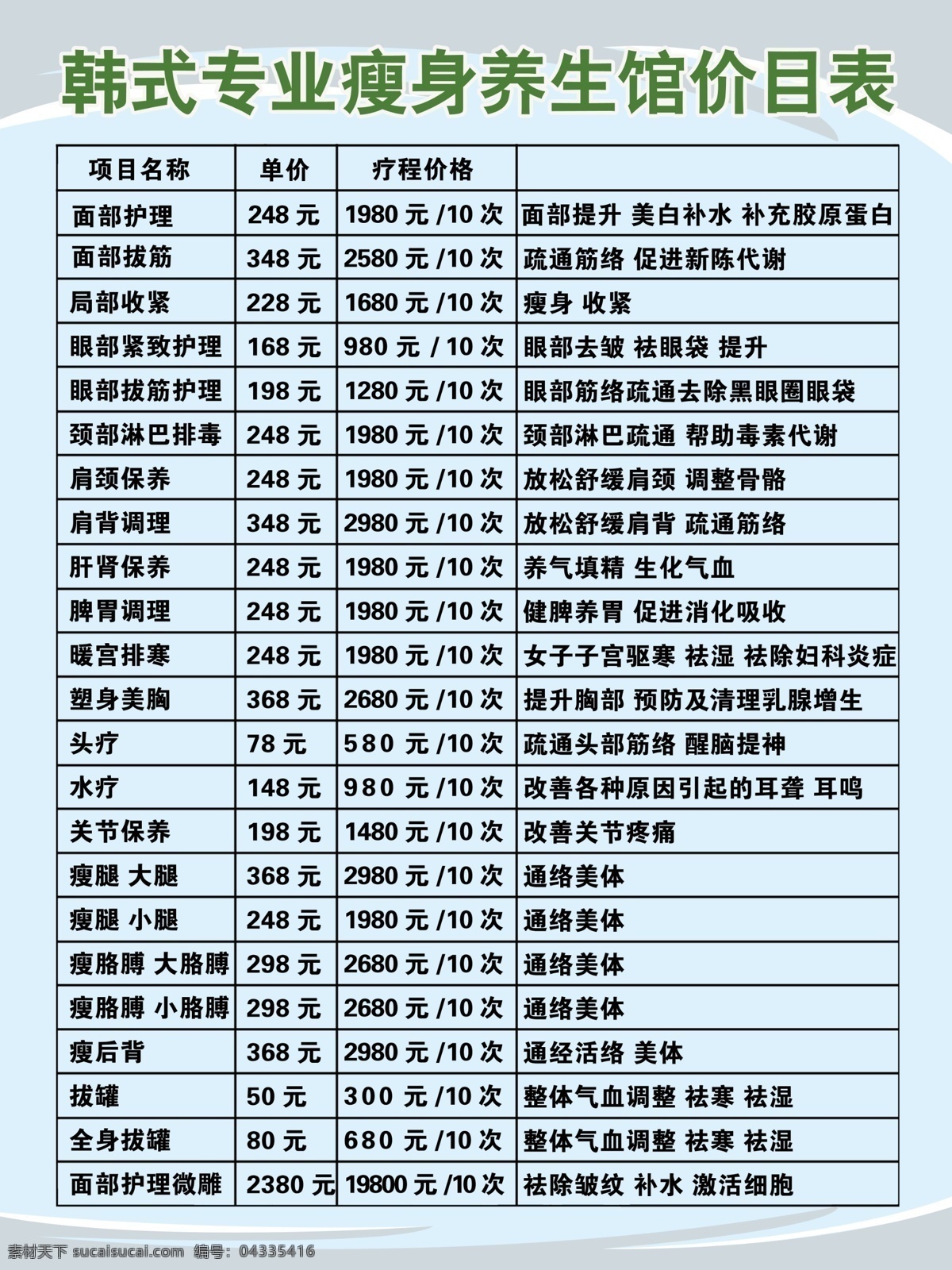 韩式 瘦身 价目表 韩式瘦身 展板 psd表格 类目