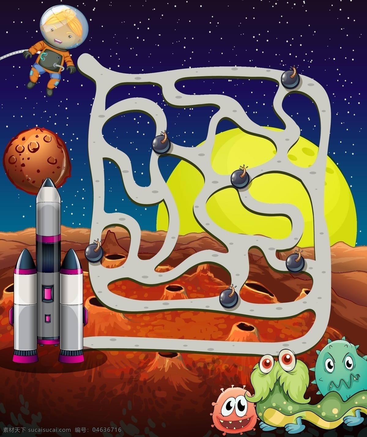 创意 宇航 宇宙 主题 卡通 矢量 星球 宇航员 儿童 儿童迷宫 教育 可爱卡通 妖怪 独眼 怪兽