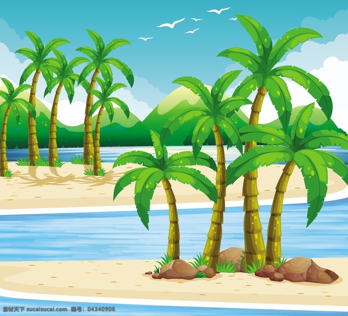海滩 景色 棕榈树 插图 海滩景色