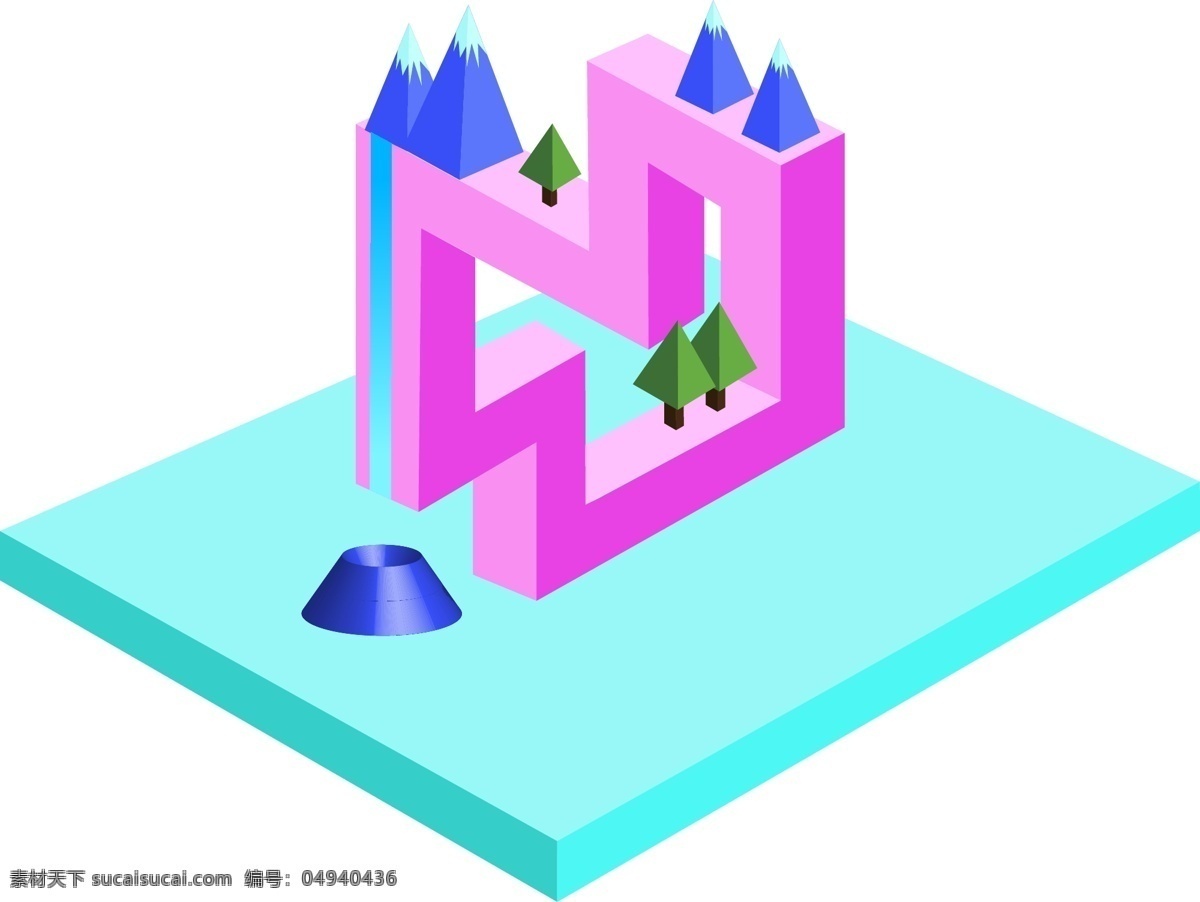 矢量 手绘 立体 形状 2.5d 正方形 树木 蓝色 紫色 绿色 褐色 地面 框架 结构 柱体 三角
