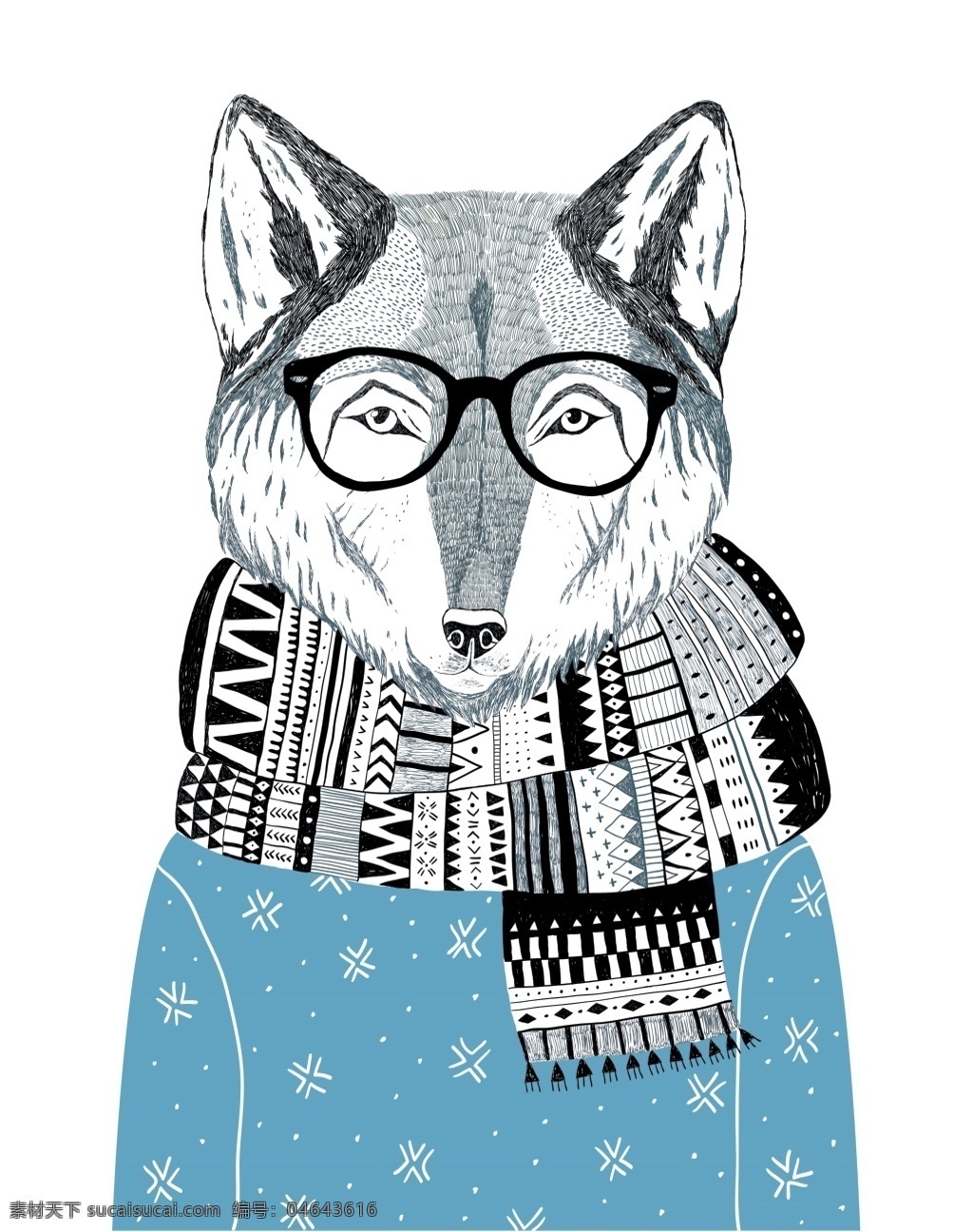 暖冬 圣诞 风 手绘 装饰画 戴围巾 狐狸先生 雪花 可爱 动物 卡通装饰画 线描