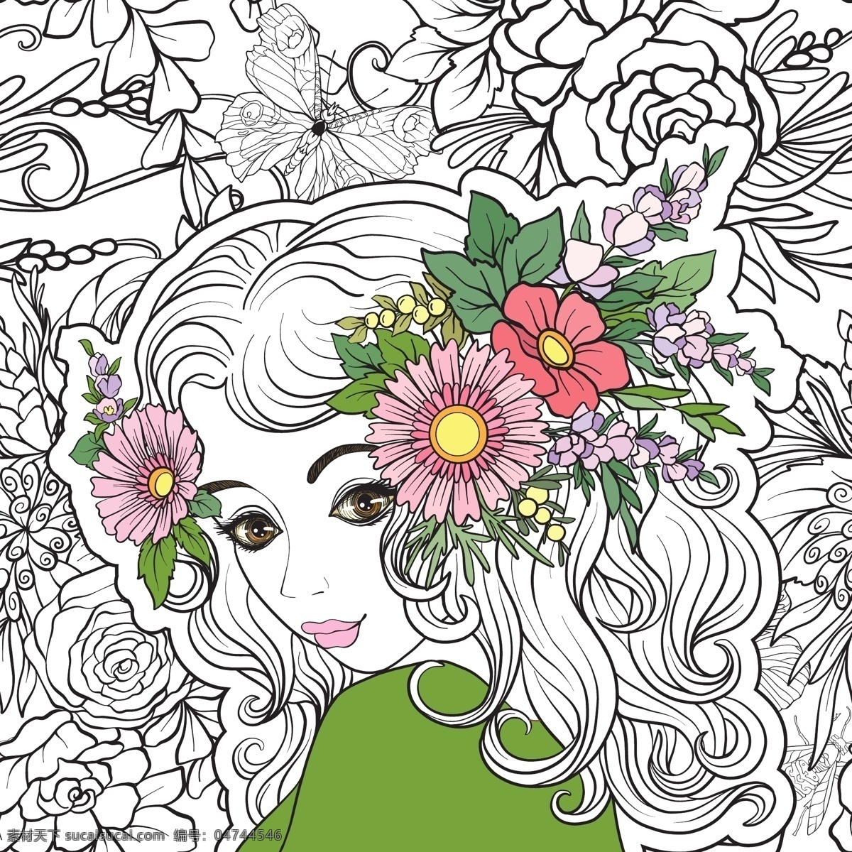 手绘 少女 插画 矢量 动漫 红色 花朵 卡通 绿色 免扣素材 素材合集 紫色