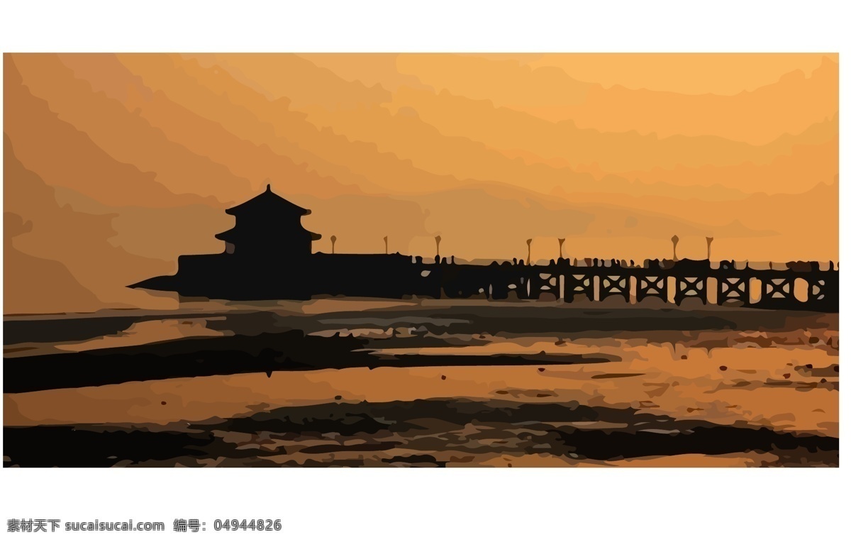 青岛栈桥 栈桥 青岛 建筑 夕阳 矢量 自然景观 人文景观