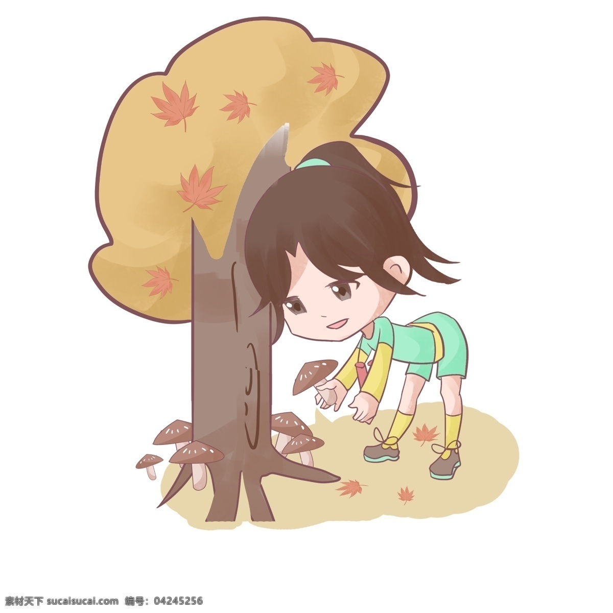 秋季 女孩 摘 蘑菇 插画 手绘 摘蘑菇 采蘑菇 小女生 姑娘 黄色的树 落叶 枫树 枫叶 叶子 一地落叶
