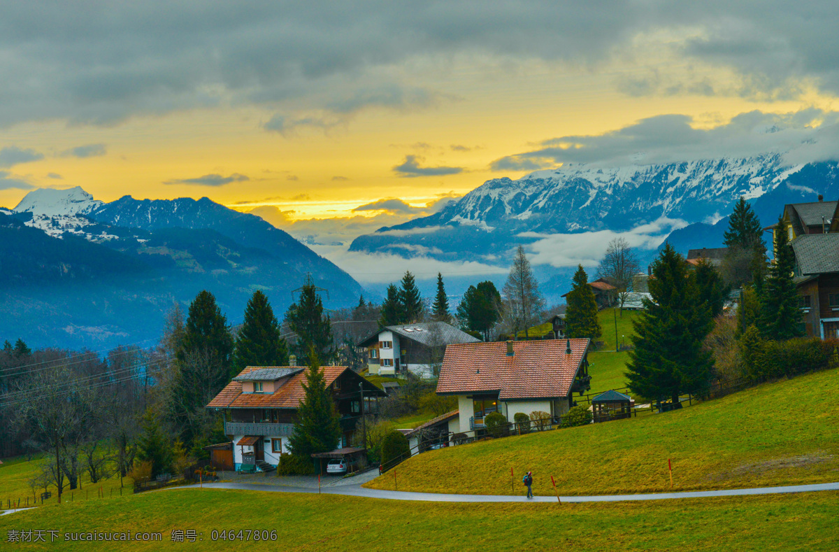 瑞士小镇 日出 霞光 树木 小房 山峦 小路 草地 欧洲六国游 旅游摄影 国外旅游