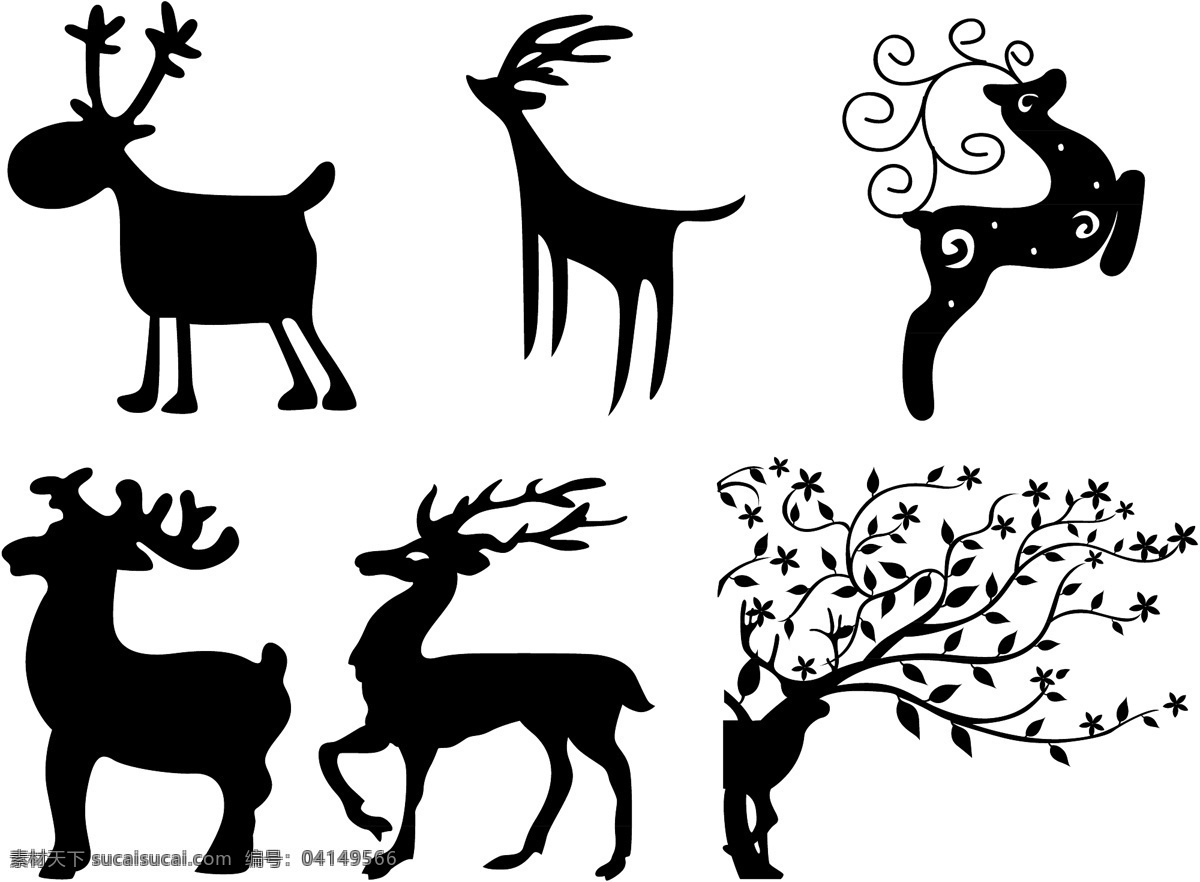 圣诞鹿 麋鹿 冬天的故事 圣诞节 景色 黑白 圣诞树 雪花 矢量 节日素材