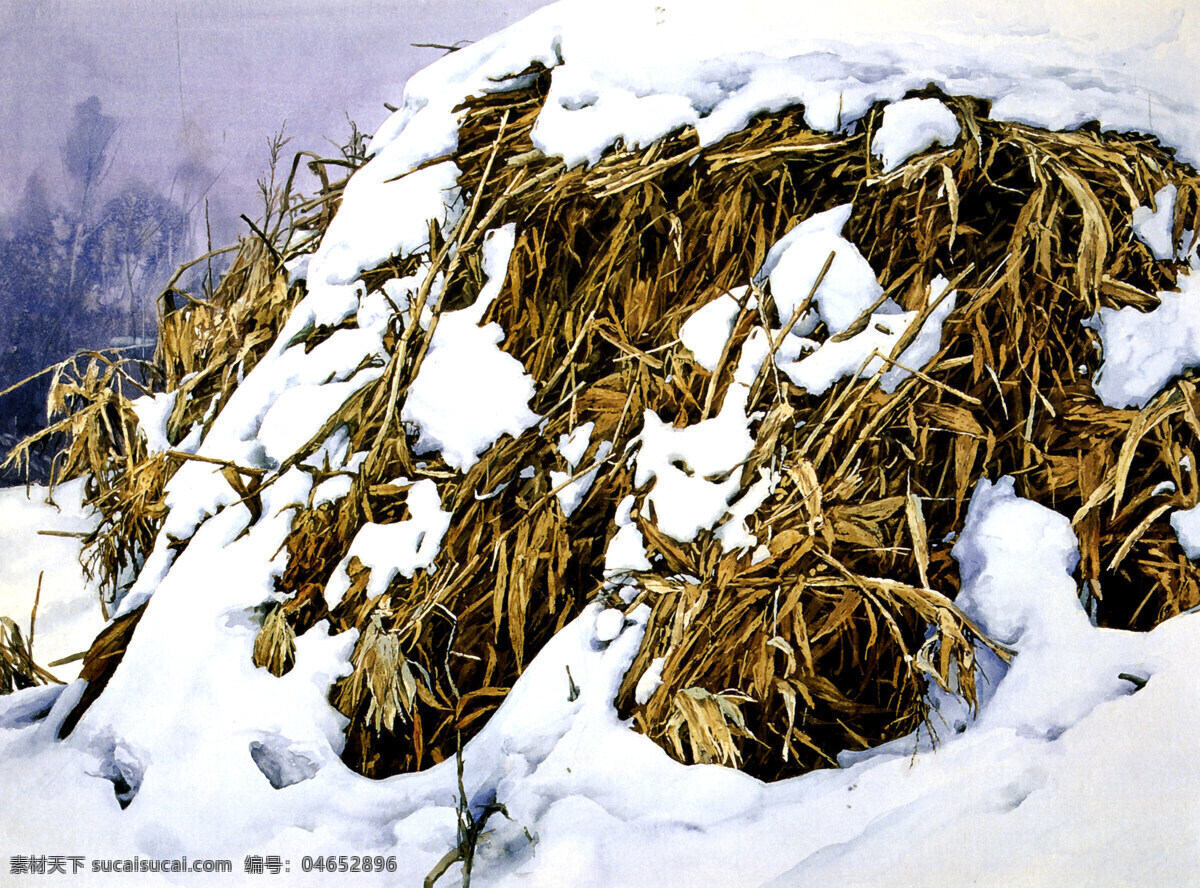 又一年 水彩风景画 冬天雪地 农村风景画 玉米堆雪 篱笆 王可 大 水彩 画集 绘画书法 文化艺术