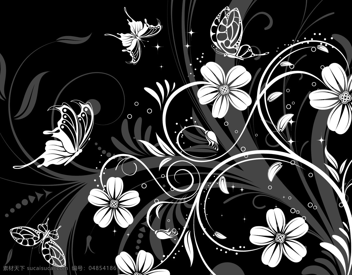 黑 白色 蝴蝶 花纹 海报底纹 花朵 卡片素材 其他海报设计