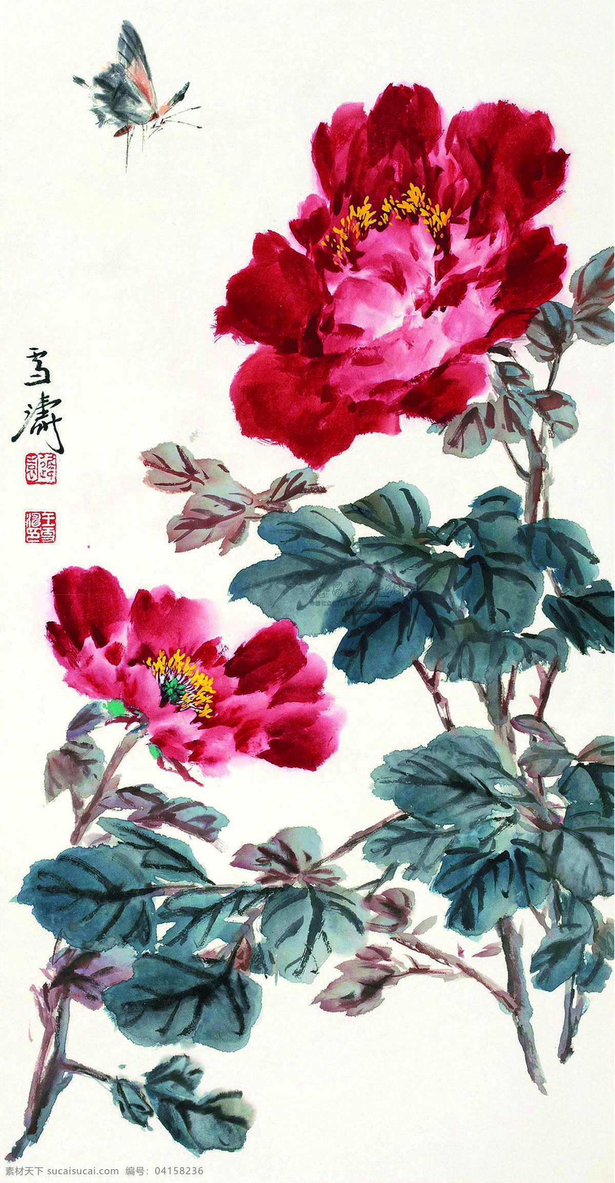 彩墨画 国画艺术 红牡丹 蝴蝶 绘画书法 美术 牡丹花 牡丹画 花香 蝴 舞 设计素材 模板下载 花香蝴舞 中国画 文化艺术