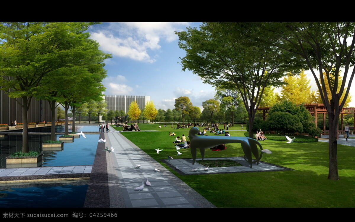 城市 公园 透视图 雕塑 高清 景观 室外 园林 镜面水 开阔草坪 装饰素材 园林景观设计