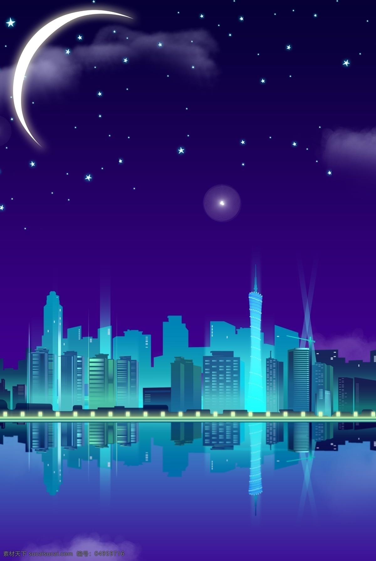 扁平 简约 城市 建筑 卡通 夜景 夜晚 矢量 睡眠 星空 月亮