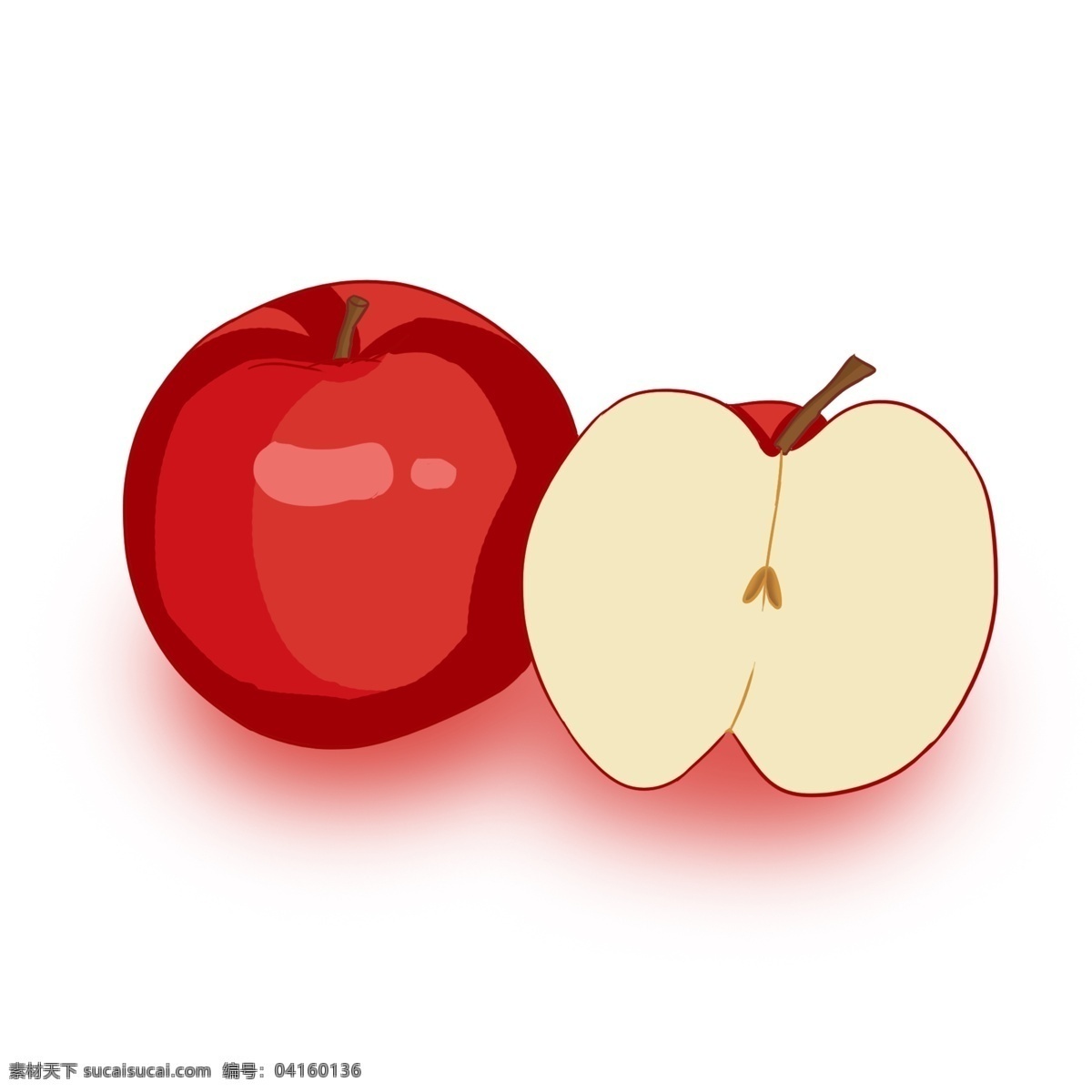 中国 风 手绘 红色 苹果 一半 整个 深红色 平安吉祥 水果之王 装饰 贴画 中国红 亮色 水果