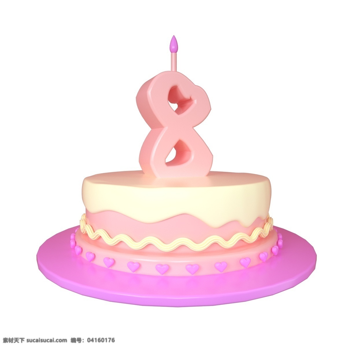 c4d 可爱 立体 周岁 生日蛋糕 装饰 3d 8周岁 粉色 奶黄色 紫色 爱心 庆祝生日 蜡烛