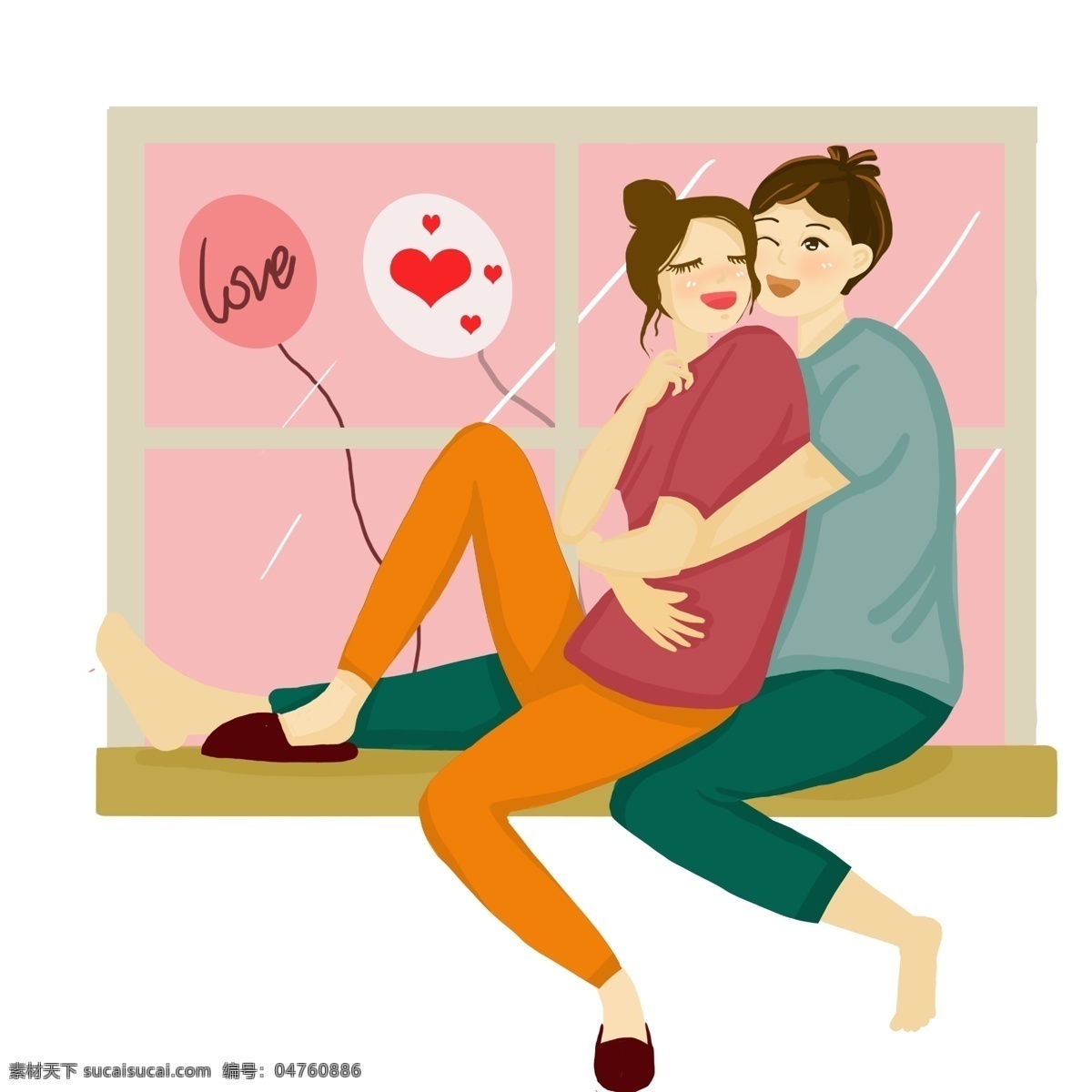 情人节 拥抱 情侣 插画 人物 拥抱的情侣 红色的爱心 爱心气球 恩爱的情侣 飘着的气球