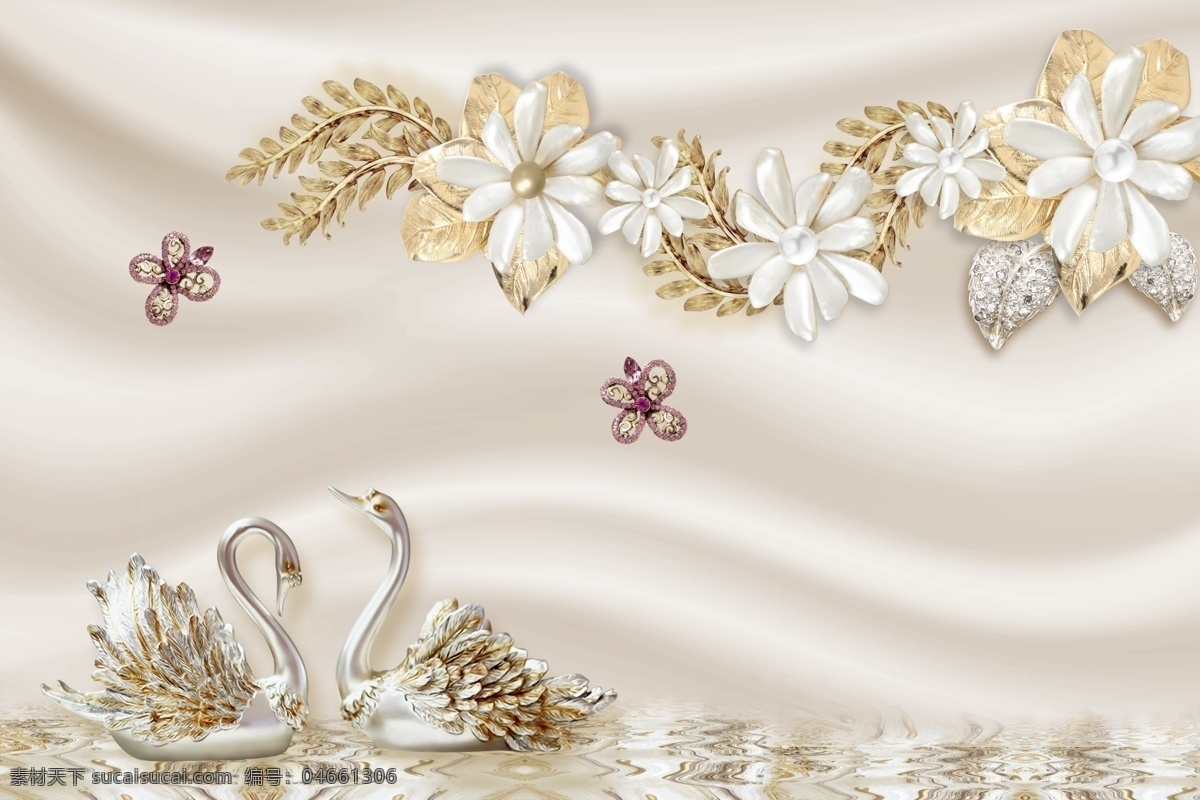浮雕 花朵 水天鹅 珠宝 锦缎 花朵水上 天鹅 背景 3d设计 3d作品