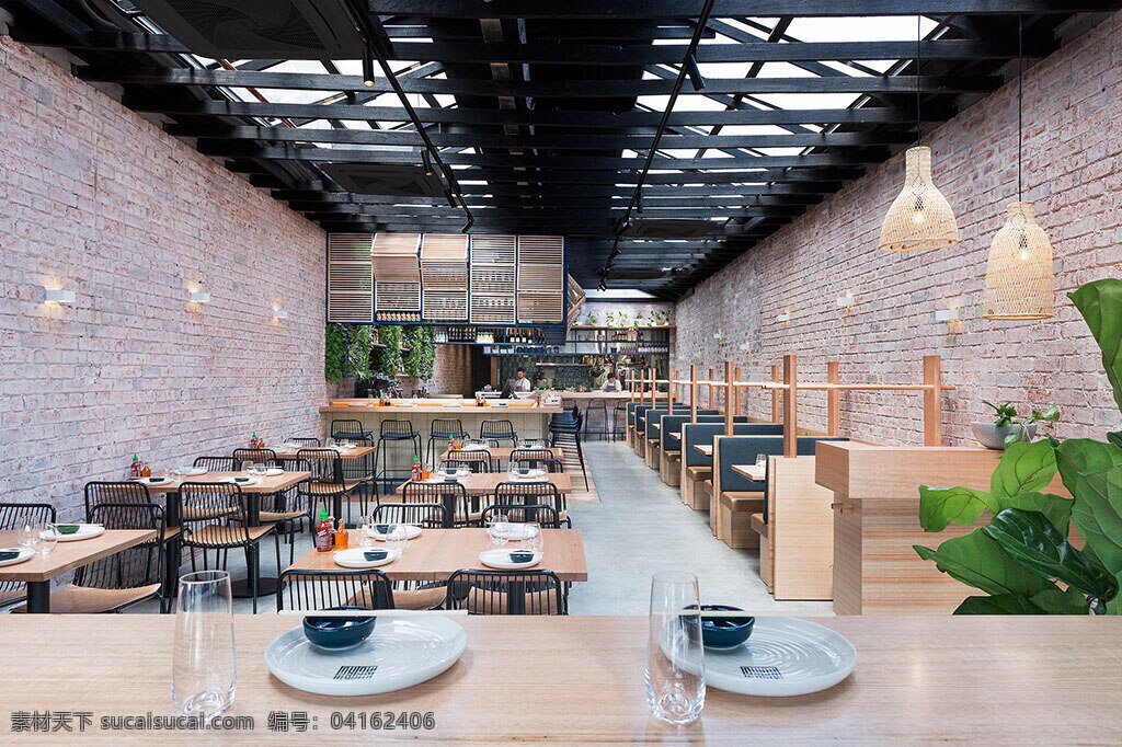 简约 咖啡厅 灰色 墙壁 装修 效果图 壁灯 长方形餐桌 个性吊灯 木地板 桌椅