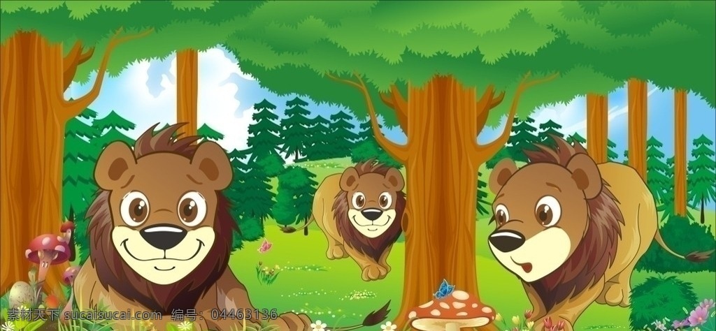 童话森林 卡通森林 森林动物 卡通动物 森林 花草 花丛 树木 蘑菇 狮子 卡通狮子 狮子矢量图 童话森林系列 山水风景 自然景观 矢量