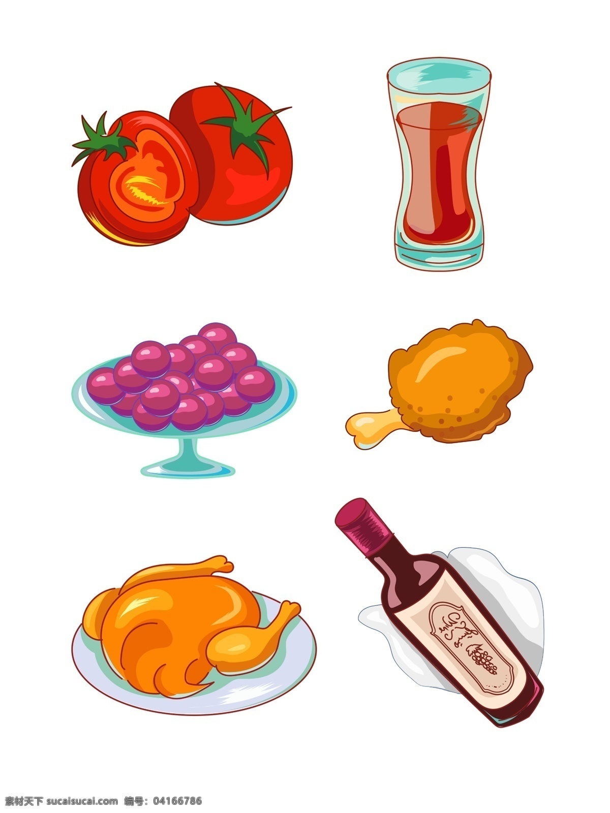 感恩节 手绘 卡通 食物 西餐 合集 西红柿 可乐 葡萄 炸鸡 火鸡 红酒 快餐 食品 图标 装饰图案