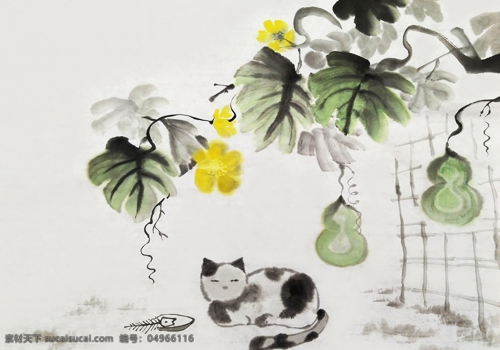 小猫 水墨 水彩 复古 背景 海报 素材图片 古风背景