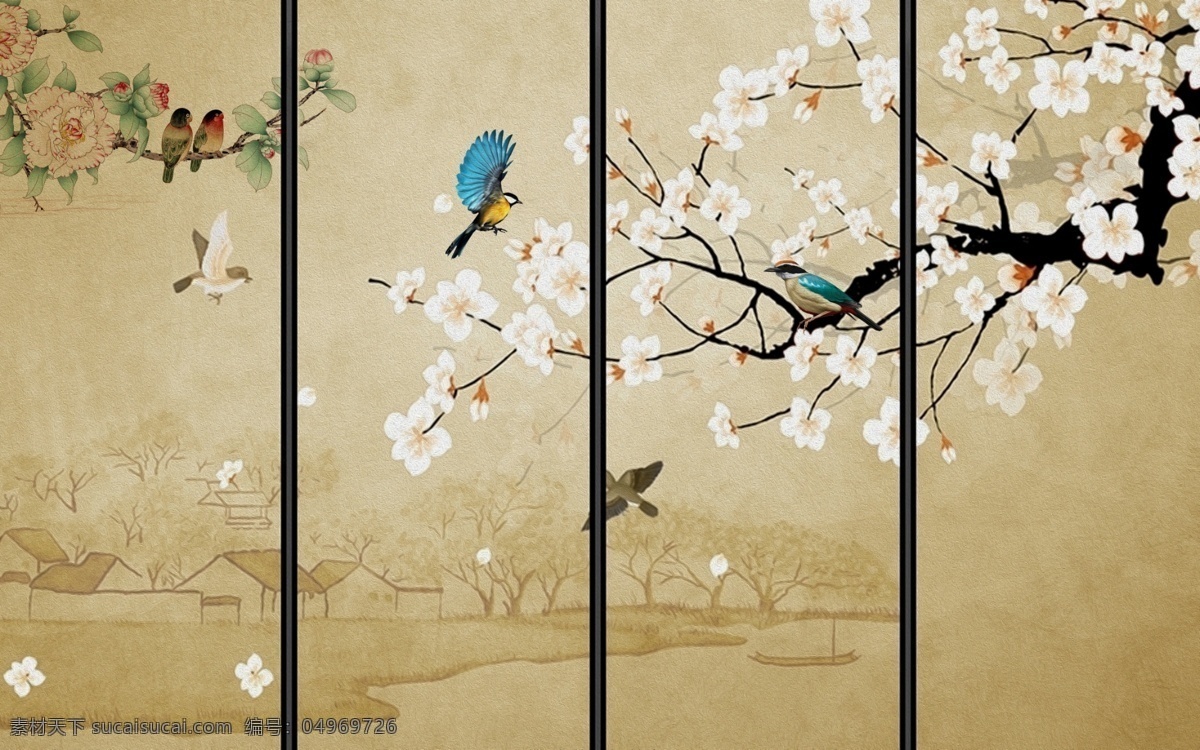中式 花鸟 玄关 屏风 背景 底纹 艺 艺术