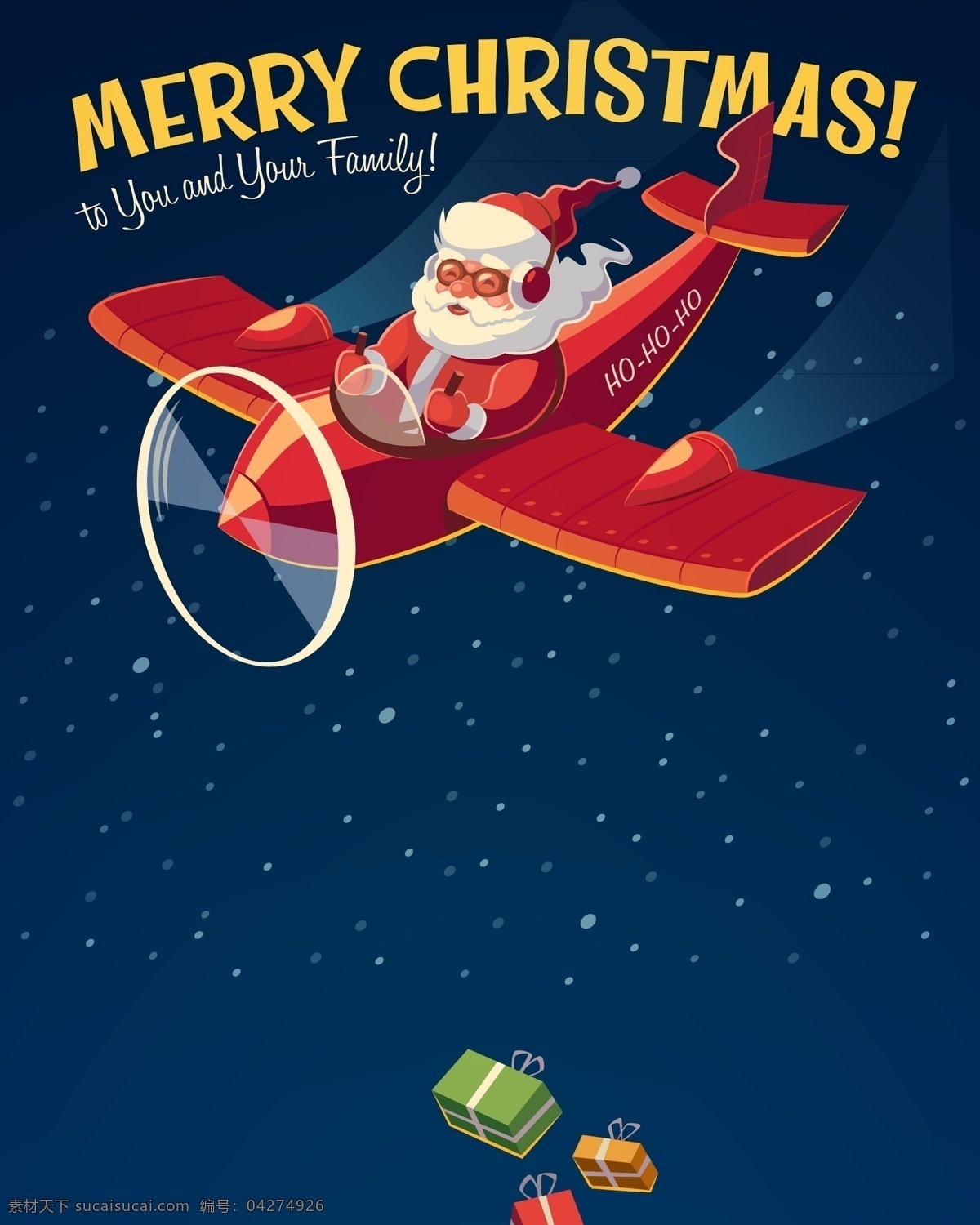 矢量 卡通 圣诞老人 开 飞机 背景 创意 蓝色 复古 开飞机 送礼物 海报