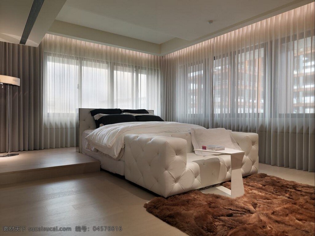 现代 简约 卧室 深褐色 地毯 室内装修 效果图 木地板 客厅装修 浅色窗帘 深色地毯