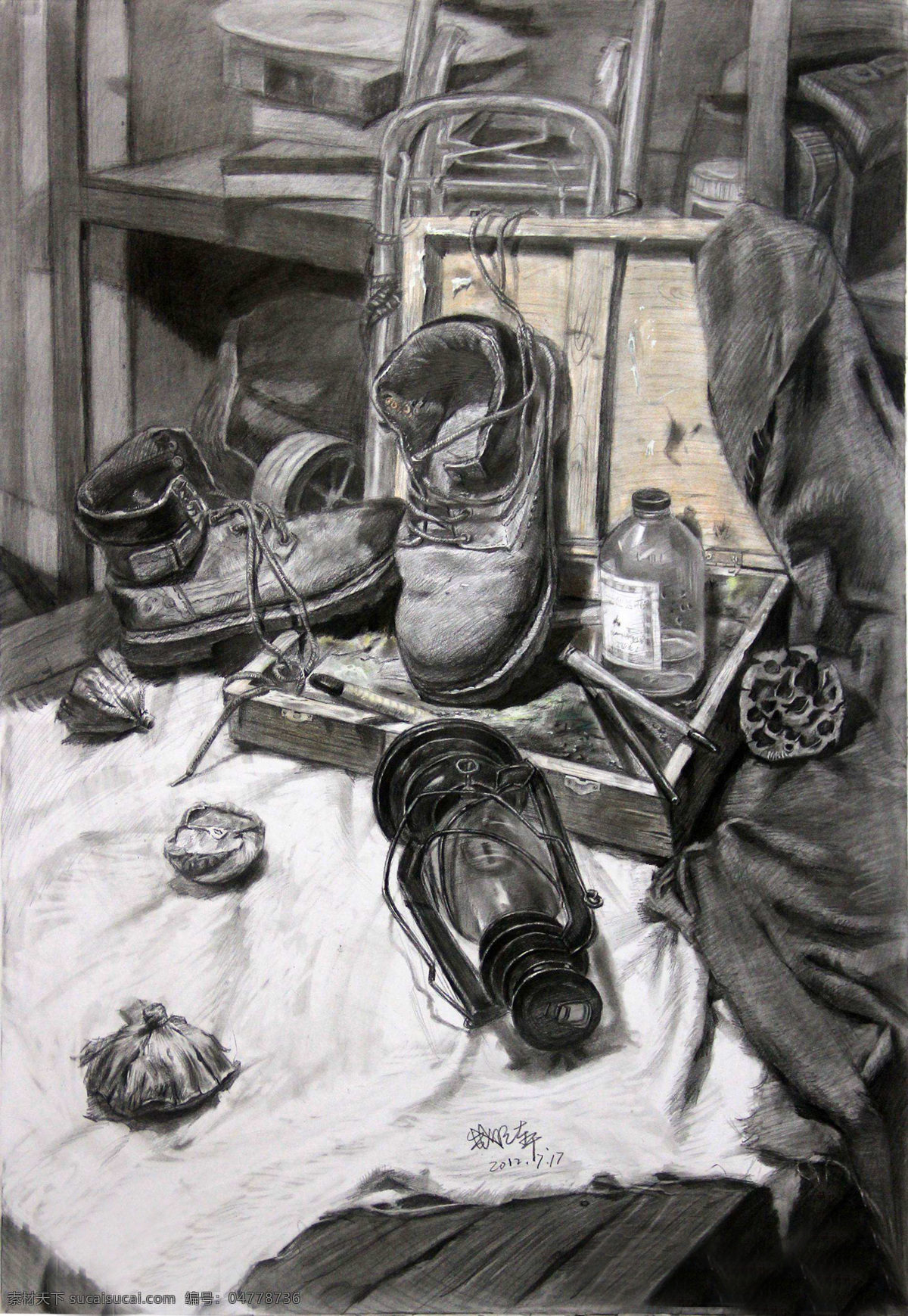 素描 素描静物 静物素描 素描作品 鞋子 瓶子 艺术绘画 文化艺术 绘画书法